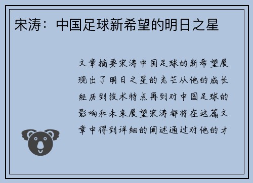 宋涛：中国足球新希望的明日之星